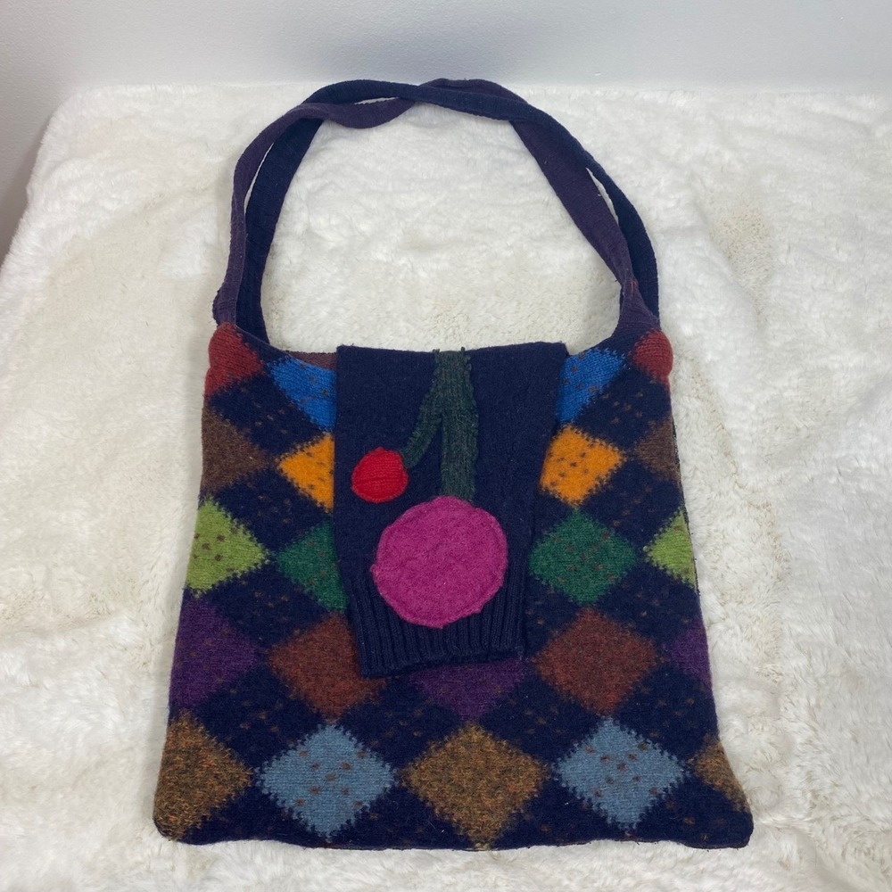 Boho Argyle Knit Shoulder Bag Multicolor Cherry Applique Tote Eclectic Handbag